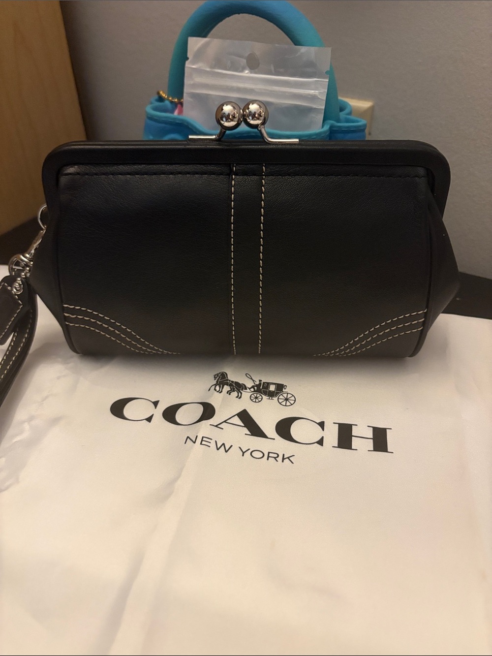 Coach Black Leather Kiss-Lock Wristlet with White Stitching